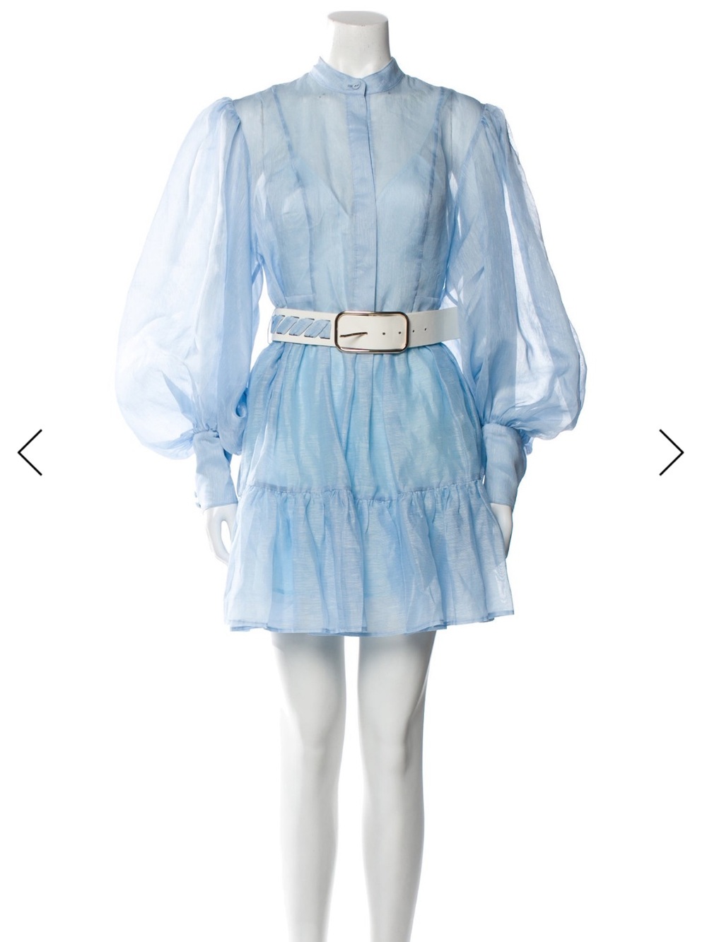 Leo Lin Sheer Light Blue Puff Sleeve Mini Dress Belt Etheral Sz 10 L Silk